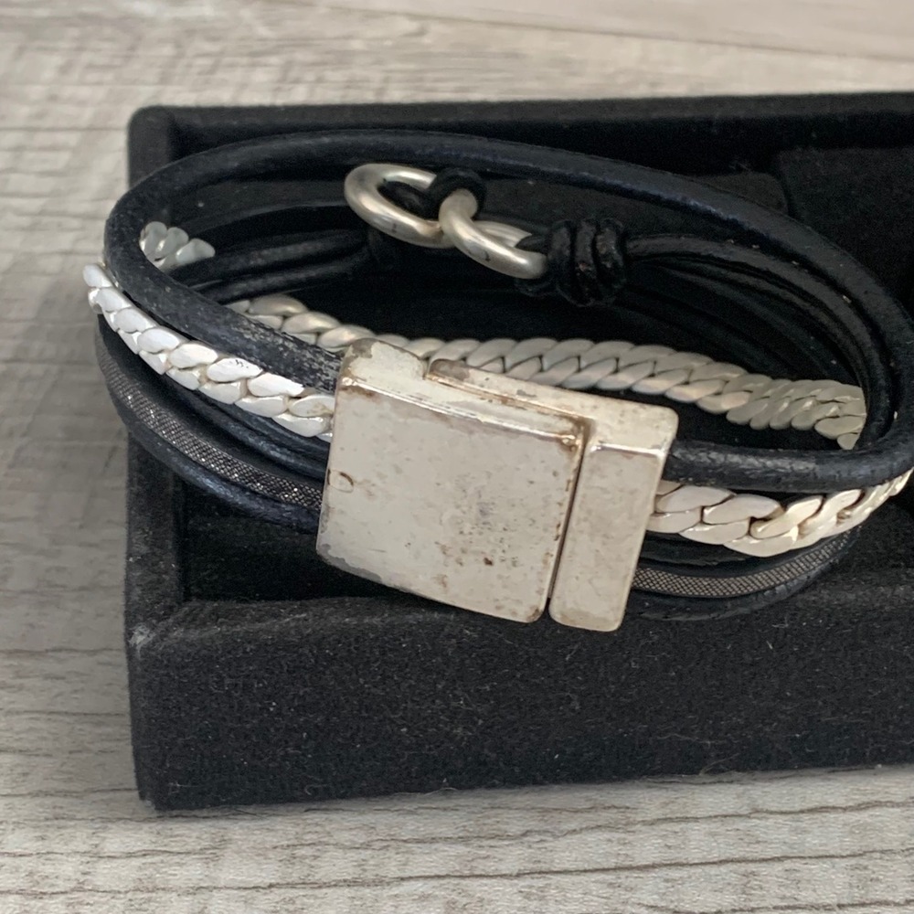 Black Leather Multi Strand Wrap Bracelet Magnetic Clasp Silver Tone Infinity